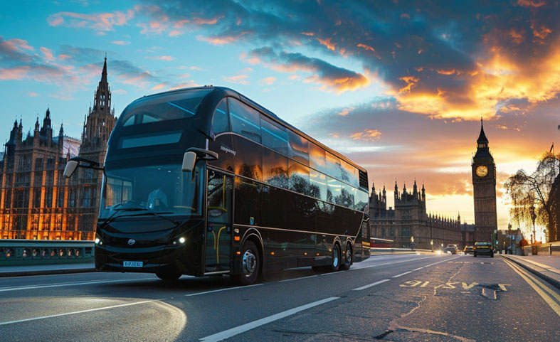 Sleek and stylish London coach exterior, ready for your chic travel experience